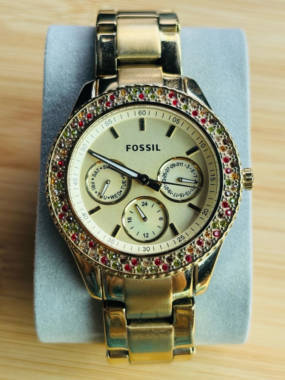 Fossil Stella Multi-Function Watch Gold Tone w/ Multicolored Crystal Stones 38mm